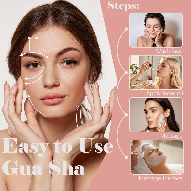 Rose Quartz Face Roller & Gua Sha Set – Anti-Aging Skin Massager for Lifting, Sculpting & Glowing Skin | Reduces Puffiness & Wrinkles