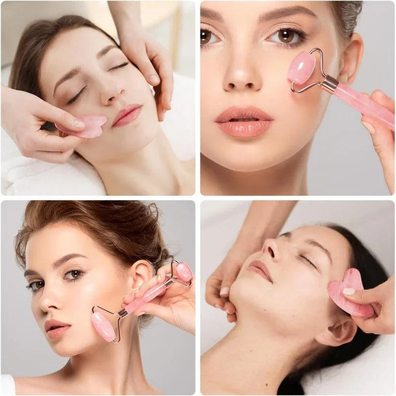 Rose Quartz Face Roller & Gua Sha Set – Anti-Aging Skin Massager for Lifting, Sculpting & Glowing Skin | Reduces Puffiness & Wrinkles
