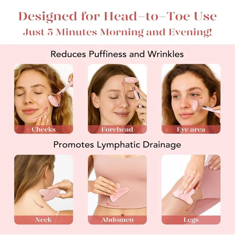 Rose Quartz Face Roller & Gua Sha Set – Anti-Aging Skin Massager for Lifting, Sculpting & Glowing Skin | Reduces Puffiness & Wrinkles