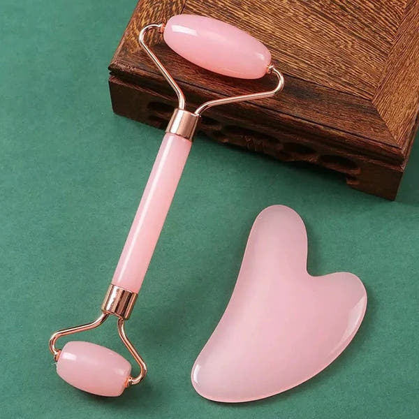 Rose Quartz Face Roller & Gua Sha Set – Anti-Aging Skin Massager for Lifting, Sculpting & Glowing Skin | Reduces Puffiness & Wrinkles