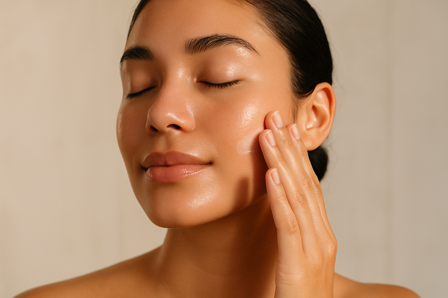 I want a picture of someone applying a product to their face, with a smooth, and glowing face.